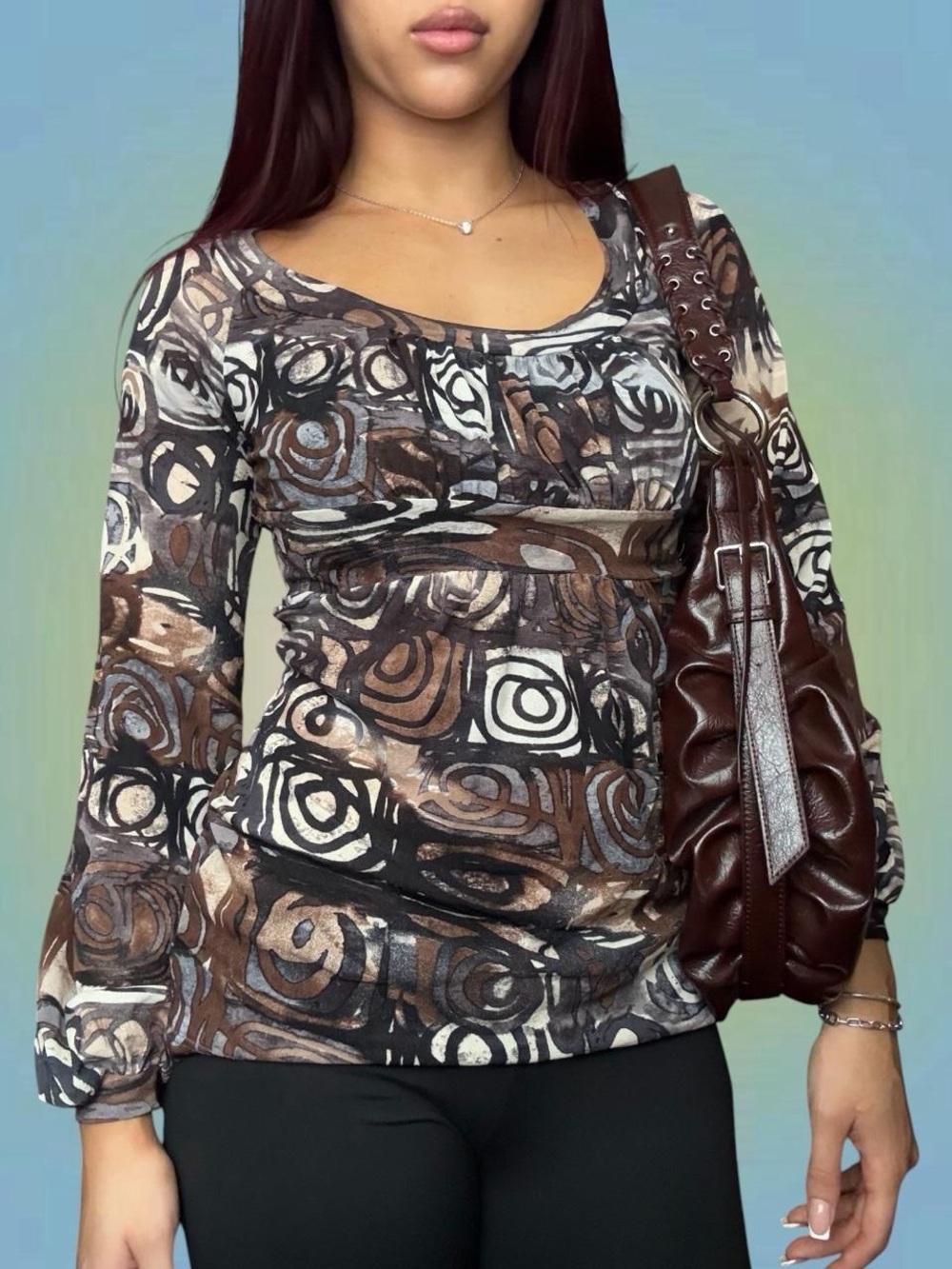 Karen Kane Brown, Black & Cream Patterned Long Sleeve Top
